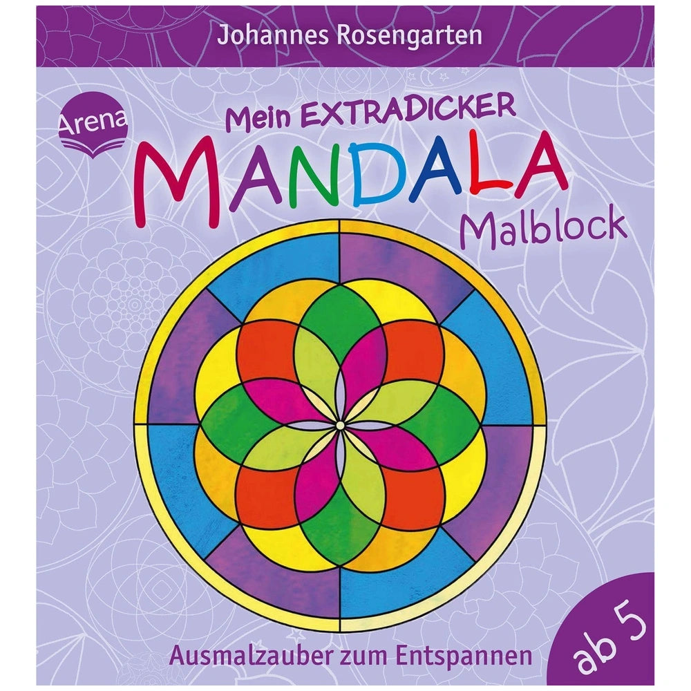 ARENA My Extra Thick Mandala Coloring Book cover features a vibrant mandala design with colorful concentric circles and flora