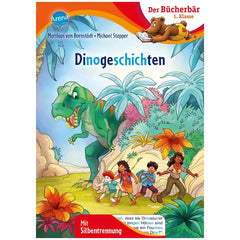 ARENA - Reading Learning with the Book Bear - Dinogeschichten cover featuring a cartoon T-Rex and adventurous children in a t