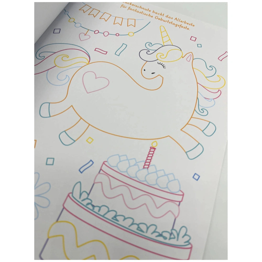 ARENA Unicorn Coloring Book featuring a colorful unicorn illustration with a birthday cake and festive decorations for kids.