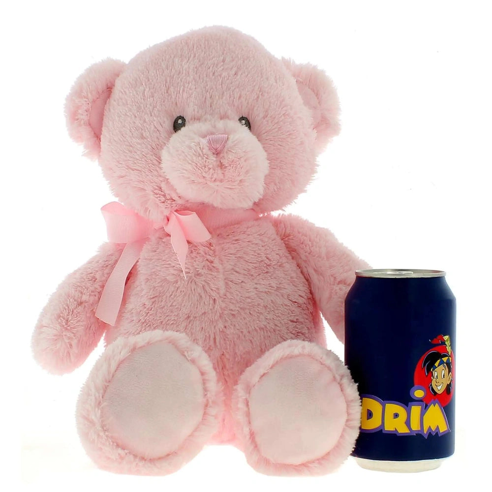 Pink plush teddy bear with a bow sits next to a blue soda can for size comparison.