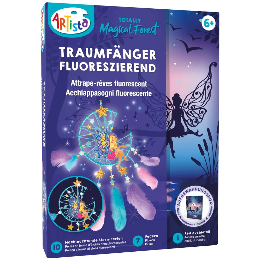 ARTISTA Fluorescent Dream Catcher box featuring a whimsical fairy and intricate dreamcatcher design.