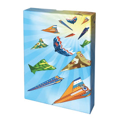 ARTISTA Paper Airplane crafts with colorful designs soaring in a clear blue sky.