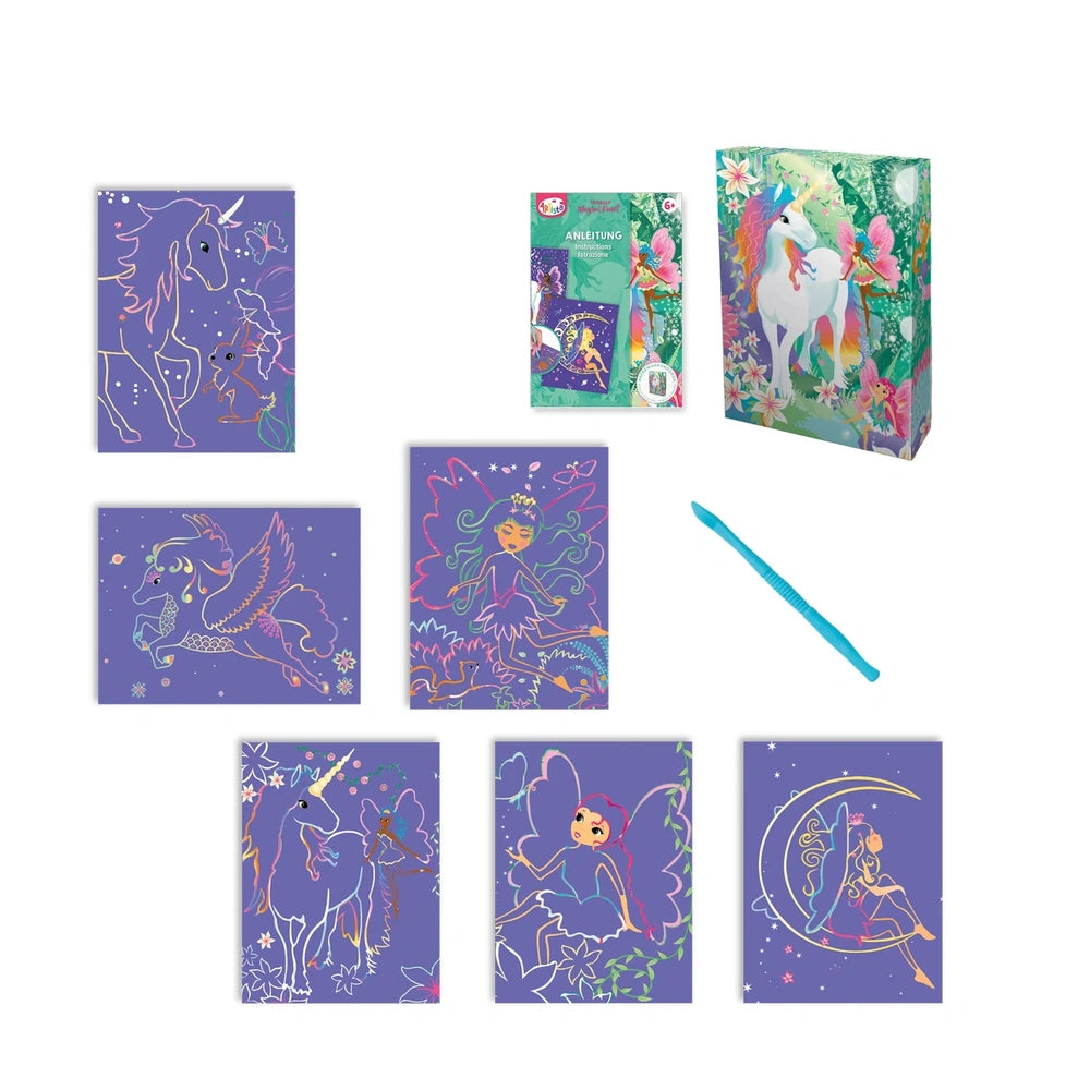 ARTISTA Scratch Pictures set of 6 cards featuring a vibrant unicorn design for arts and crafts activities.