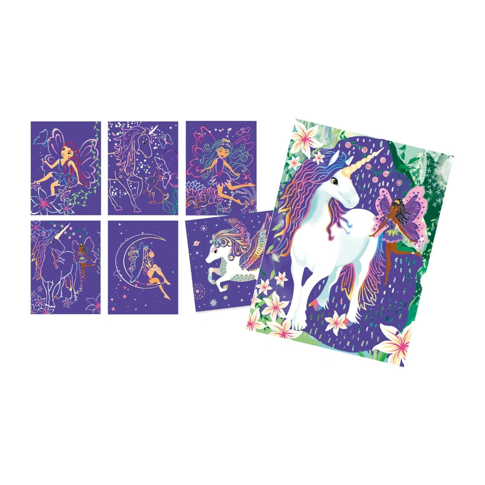 ARTISTA Scratch Pictures set of 6 featuring colorful unicorns and butterflies for creative arts and crafts activities.