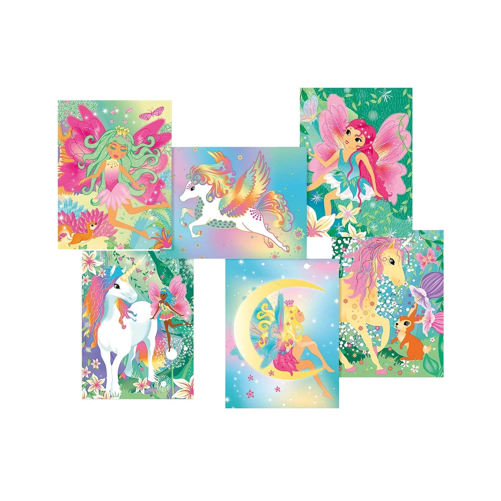 ARTISTA Scratch Pictures Set: 6 cards featuring enchanting fairy and unicorn designs for creative arts & crafts.