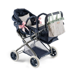 Navy blue doll stroller with a floral canopy and pink bows, designed for 36–46 cm dolls.