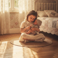Asi Dolls Gordi Baby Outfit on a doll with a young girl in a cozy vintage room with pastel decor and warm sunlight.