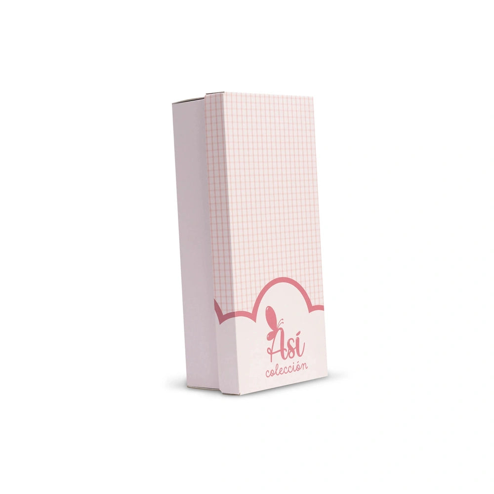 Pink and white checkered box with "Así colección" logo, standing on its side.