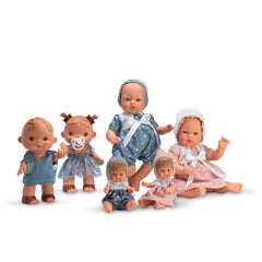 Group of ASI Dolls from the Koke Dress Daisies Collection in blue and pink outfits, displaying various poses.