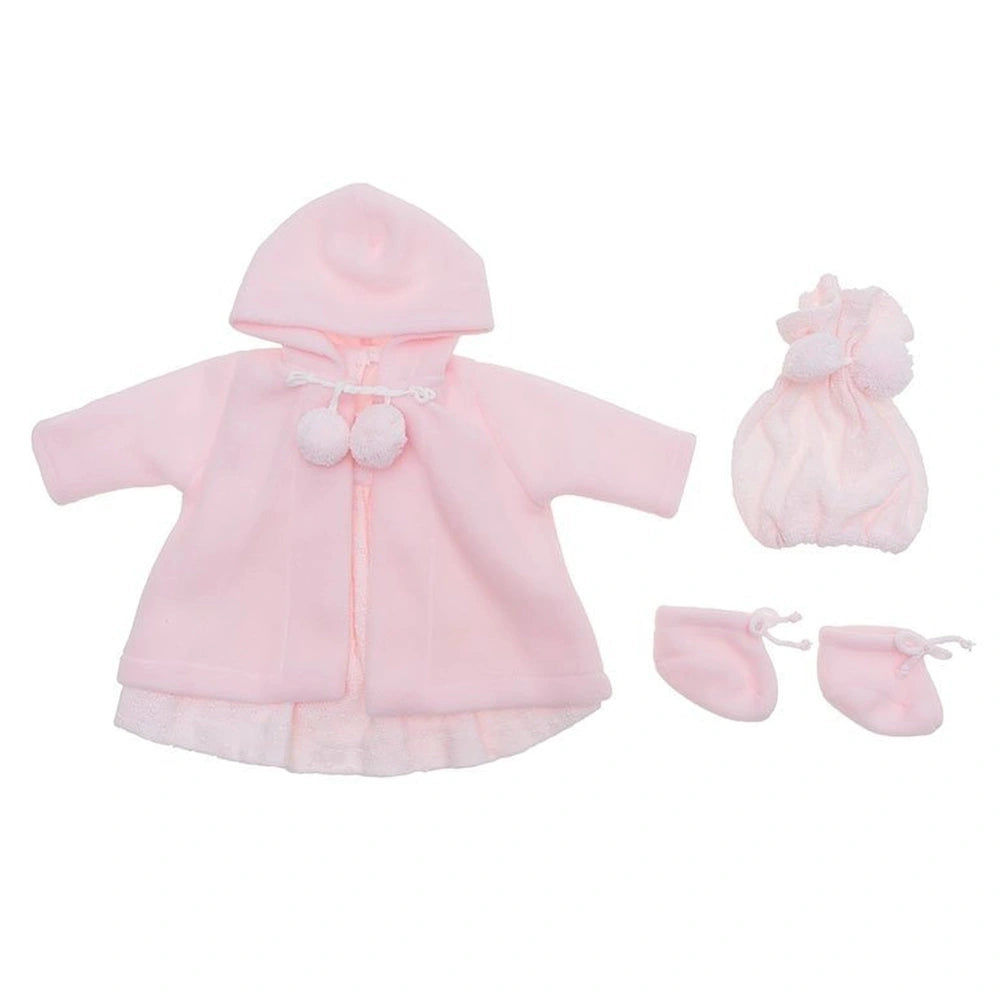 Pink knitted doll outfit with duffle coat, hat, and booties, designed for 46 cm Así dolls.