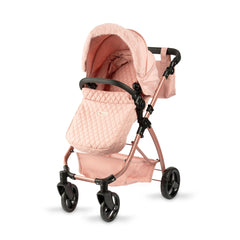 ASI Dolls Modern Mami 2 in 1 Stroller with pink canopy, black frame, and quilted seat, ideal for imaginative play.