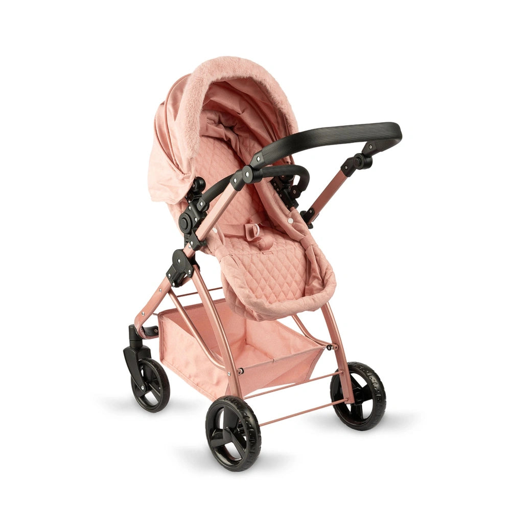 ASI Dolls Modern Mami 2 in 1 Stroller features a pink canopy, adjustable handle, and sleek black frame against a white backgr