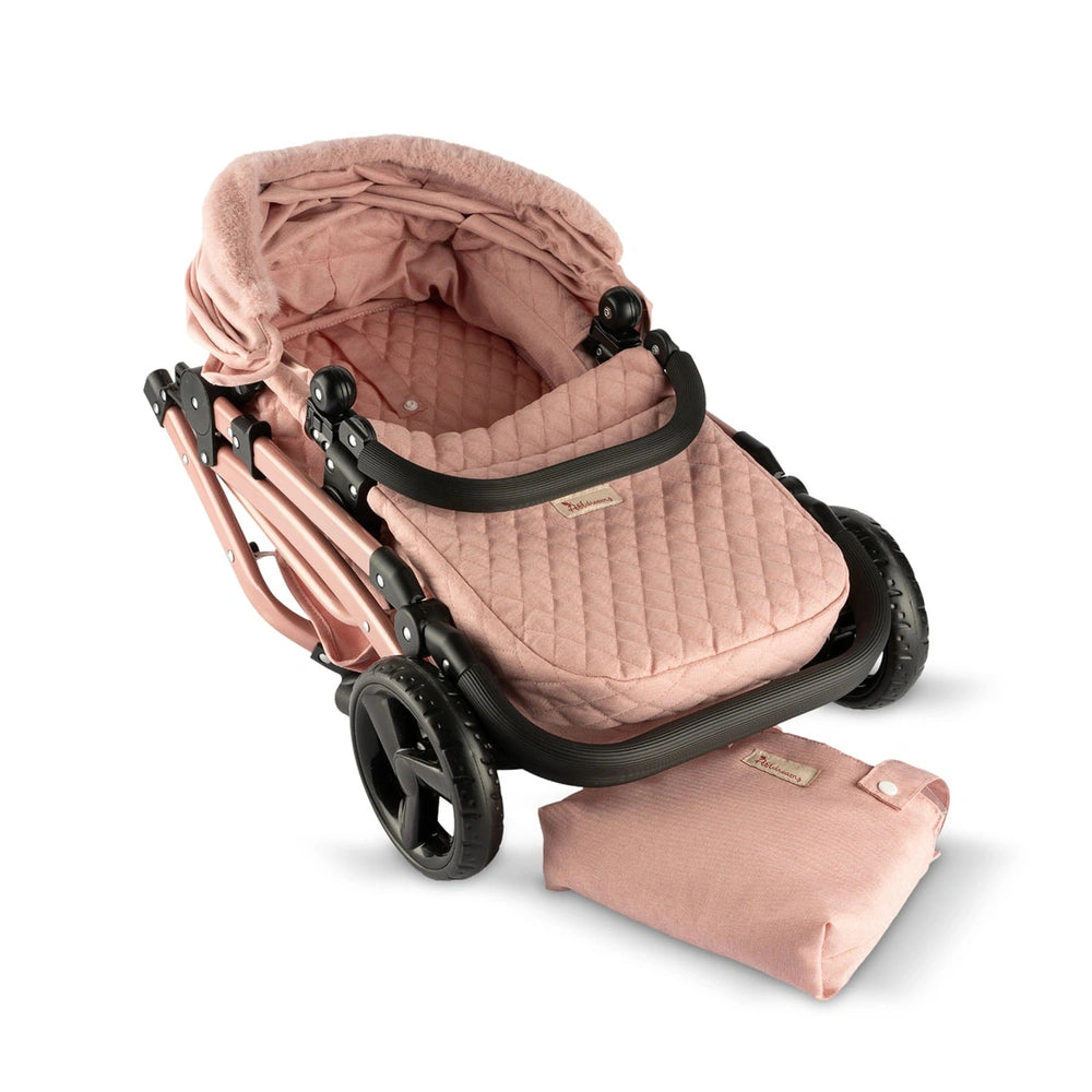 ASI Dolls - Modern Mami 2 in 1 Stroller with pink quilted seat and canopy, black accents, and adjustable handle on light back