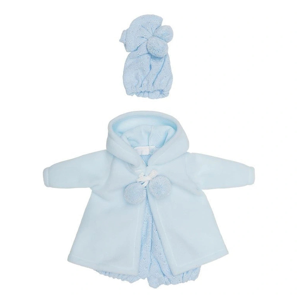 Blue doll outfit with long-sleeve jacket, hood, matching hat, pompom details, designed for 36 cm Así doll.