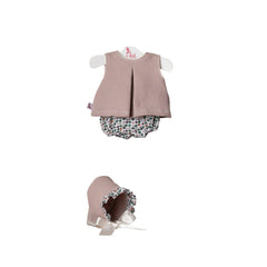 ASI Dolls outfit features a textured vest with scalloped edges and a pink floral bonnet, perfect for 36 cm dolls.