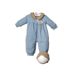 ASI Dolls outfit consists of a light blue onesie with collar and bow, paired with a light brown hat featuring a pom pom.
