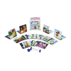 Collection of educational cards and dice with 'BrainBox' branding on a white background