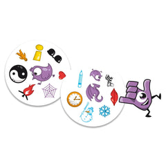 Colorful stickers featuring playful illustrations of trophies, animals, and symbols, perfect for the ASMODEE Dobble card game.