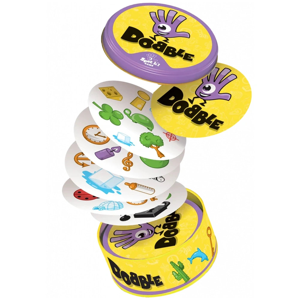 ASMODEE Dobble Find The Pair card game containers stacked, featuring playful purple design with yellow bases and cartoon hand graphic.