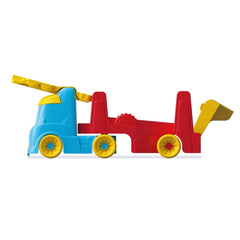 Baby Clementoni 2 in 1 Tumbling Cars Transporter features a blue and red plastic truck with yellow wheels and accessories.