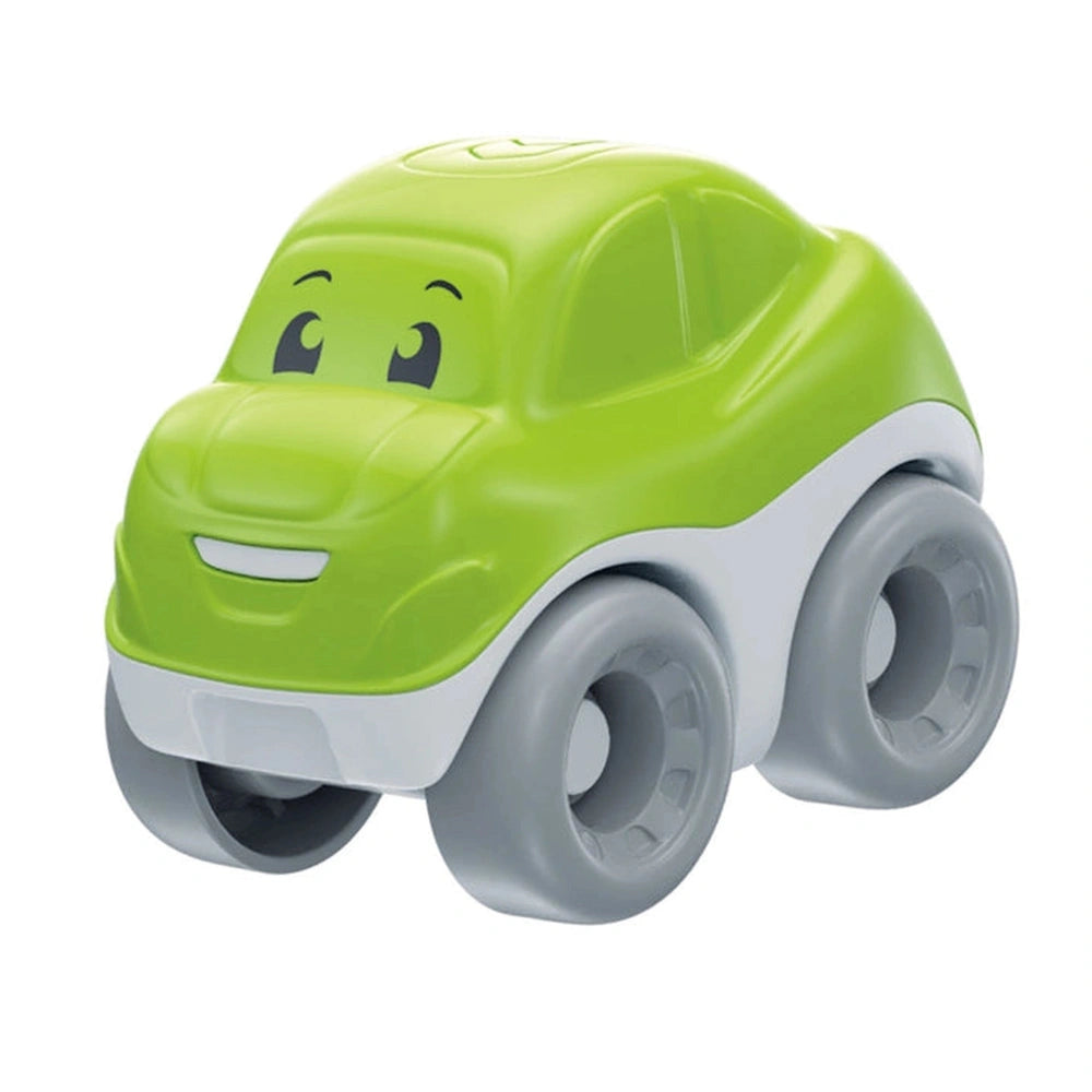 Baby Clementoni 2 In 1 Tumbling Cars Transporter, green car with smiling face, glossy body, grey wheels, and white details.