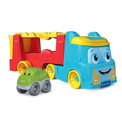 Baby Clementoni 2 In 1 Tumbling Cars Transporter features colorful plastic toy car with blue body and yellow accents.
