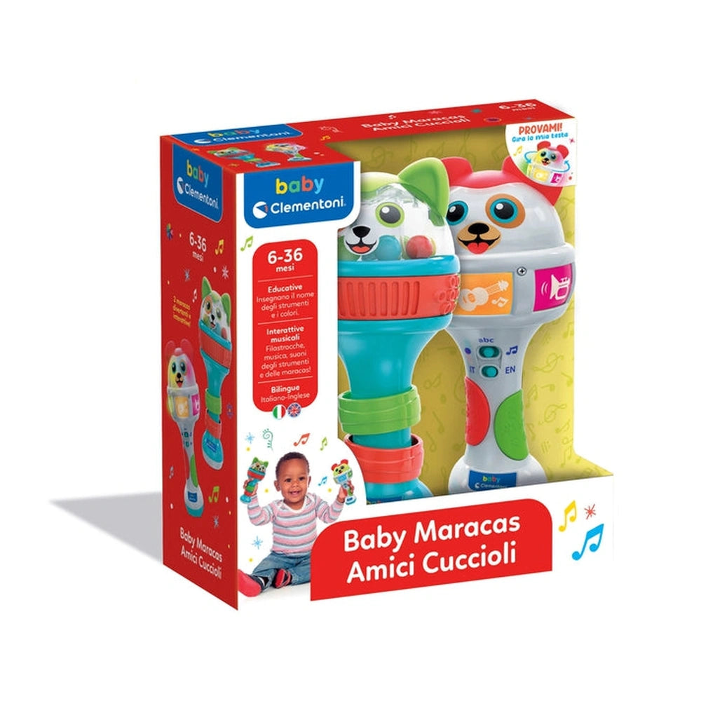 Baby Clementoni Baby Maracas Amici Cuccioli packaging features colorful maracas and a baby, displayed in a clear plastic wind
