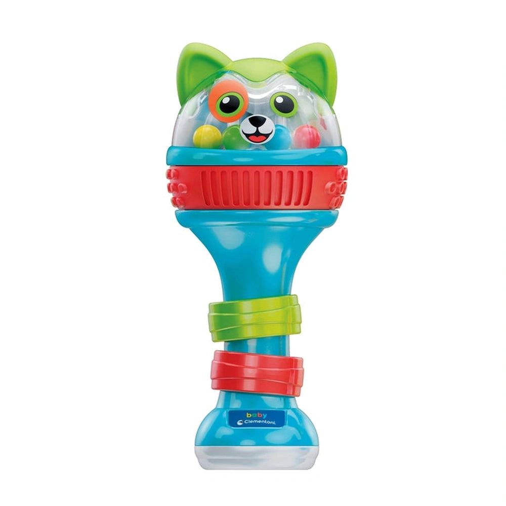 Baby Maracas Amici Cuccioli toy features a blue, green, and red glossy plastic design with a smiling face and handle.