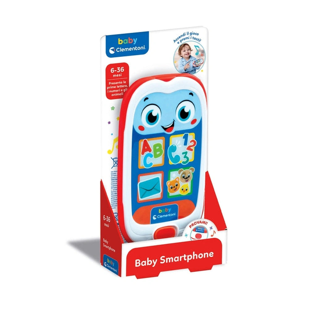 Baby smartphone toy in colorful design, packaged in red and white cardboard with a clear window, suitable for ages 6-36 month
