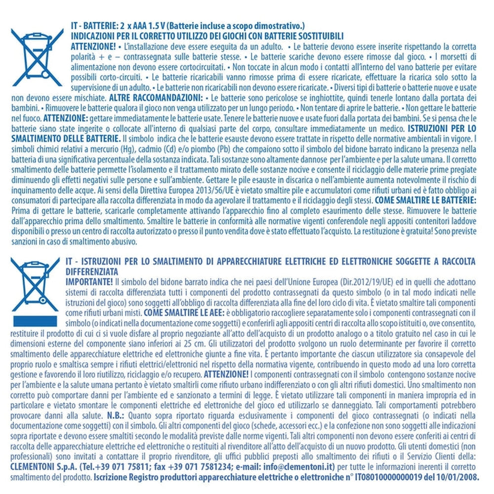 Baby Clementoni Baby Telecomando activity toy instructions featuring Italian text and important safety notes.