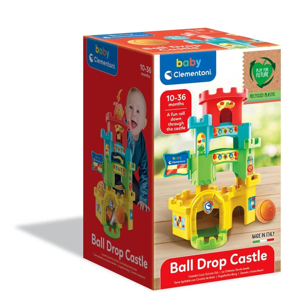 Baby Clementoni Ball Drop Castle toy in yellow and green plastic, displayed in red cardboard packaging with white and blue te