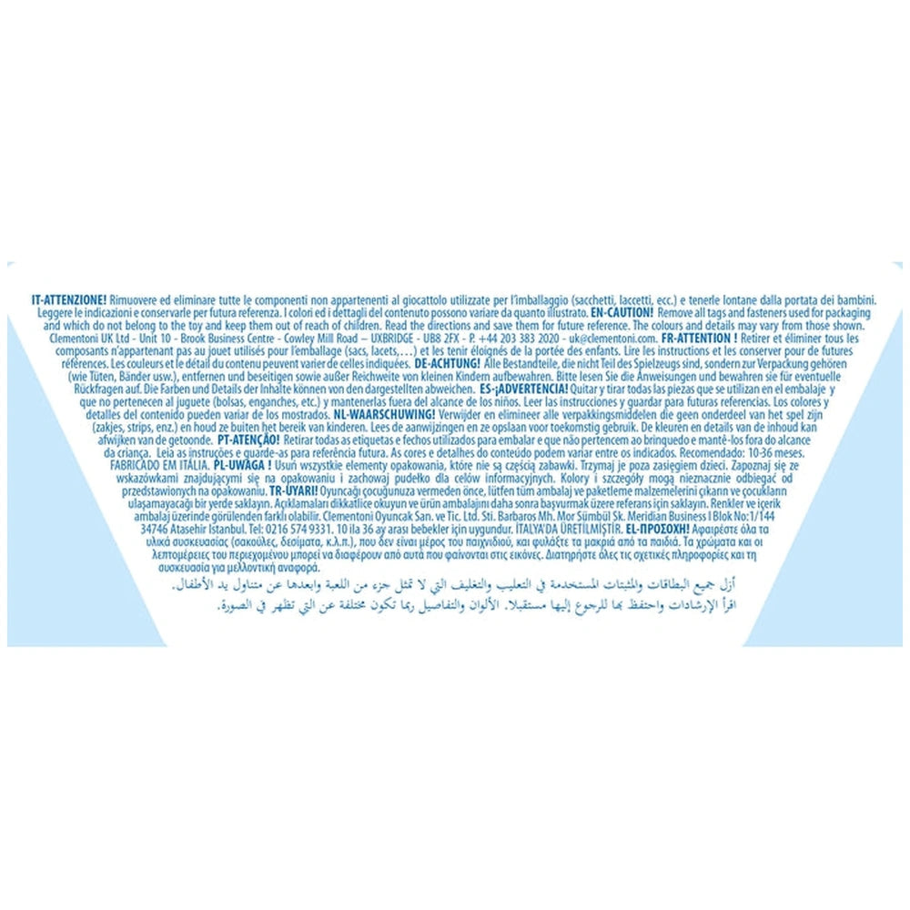 Baby Clementoni Ball Drop Castle featuring colorful design with black, red, and blue text on a solid background.