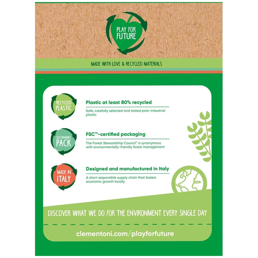 Baby Clementoni Ball Drop Castle retail packaging features green text on a beige background with eco-friendly messaging.