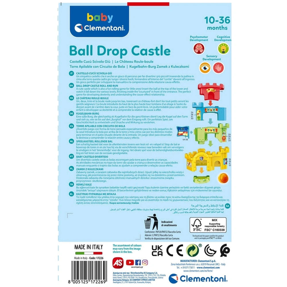 Baby Clementoni Ball Drop Castle packaging features colorful castle images, age range, and bold text on a glossy white backgr
