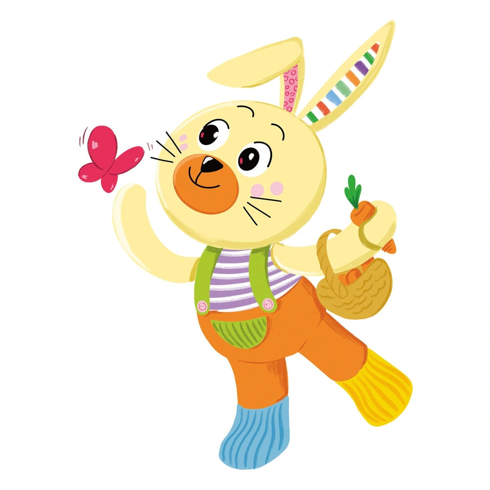 Benny the Puppy stuffed animal features pale yellow fur, striped clothing, holding a glossy carrot in a brown basket.