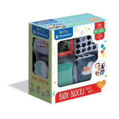 Black & White Soft Activity Blocks for babies in blue cardboard packaging with colorful printed text and clear plastic window