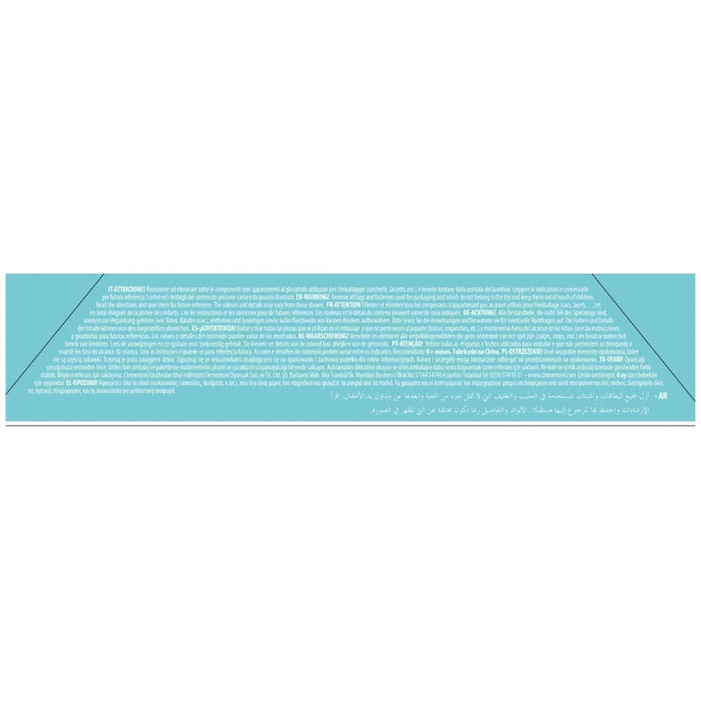 Baby Clementoni black and white soft activity blocks displayed on a solid light blue background with centered black text.