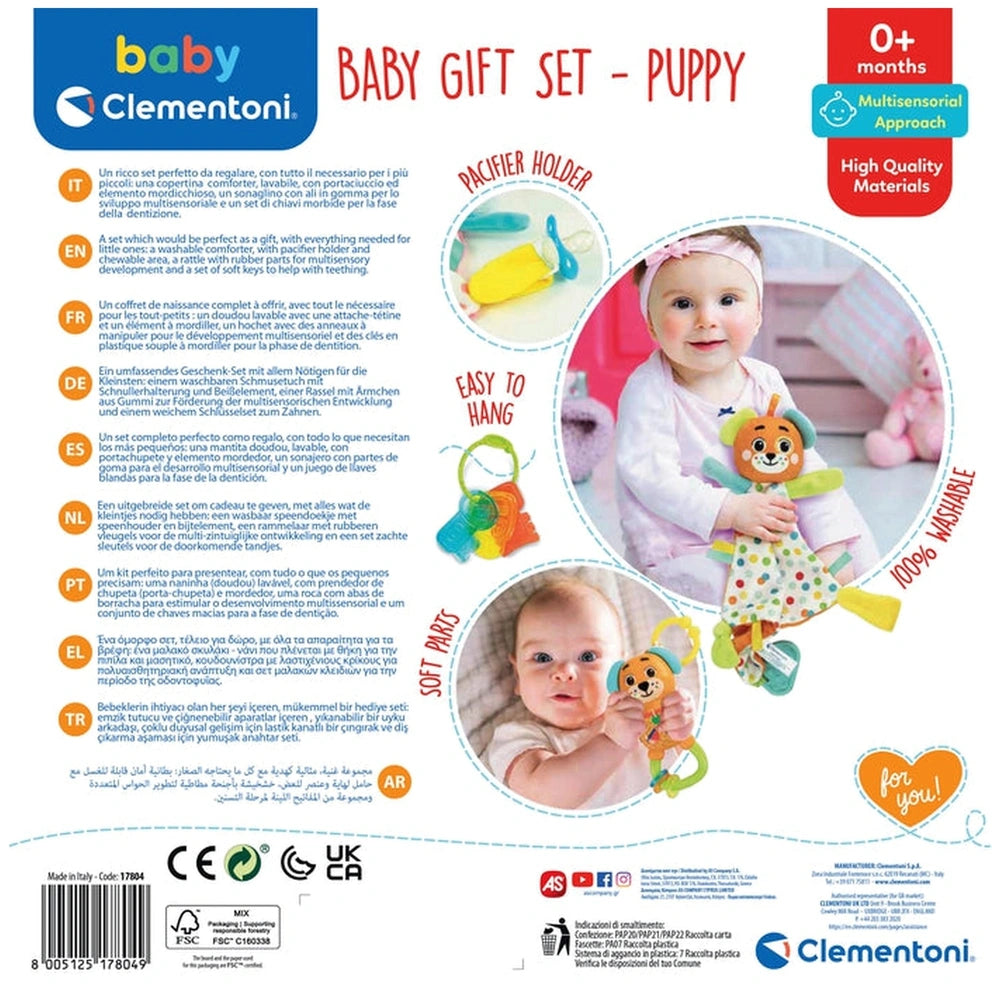 Baby Clementoni Doudou gift set featuring a puppy with colorful sorting toys, glossy packaging, and a baby playing in the cen