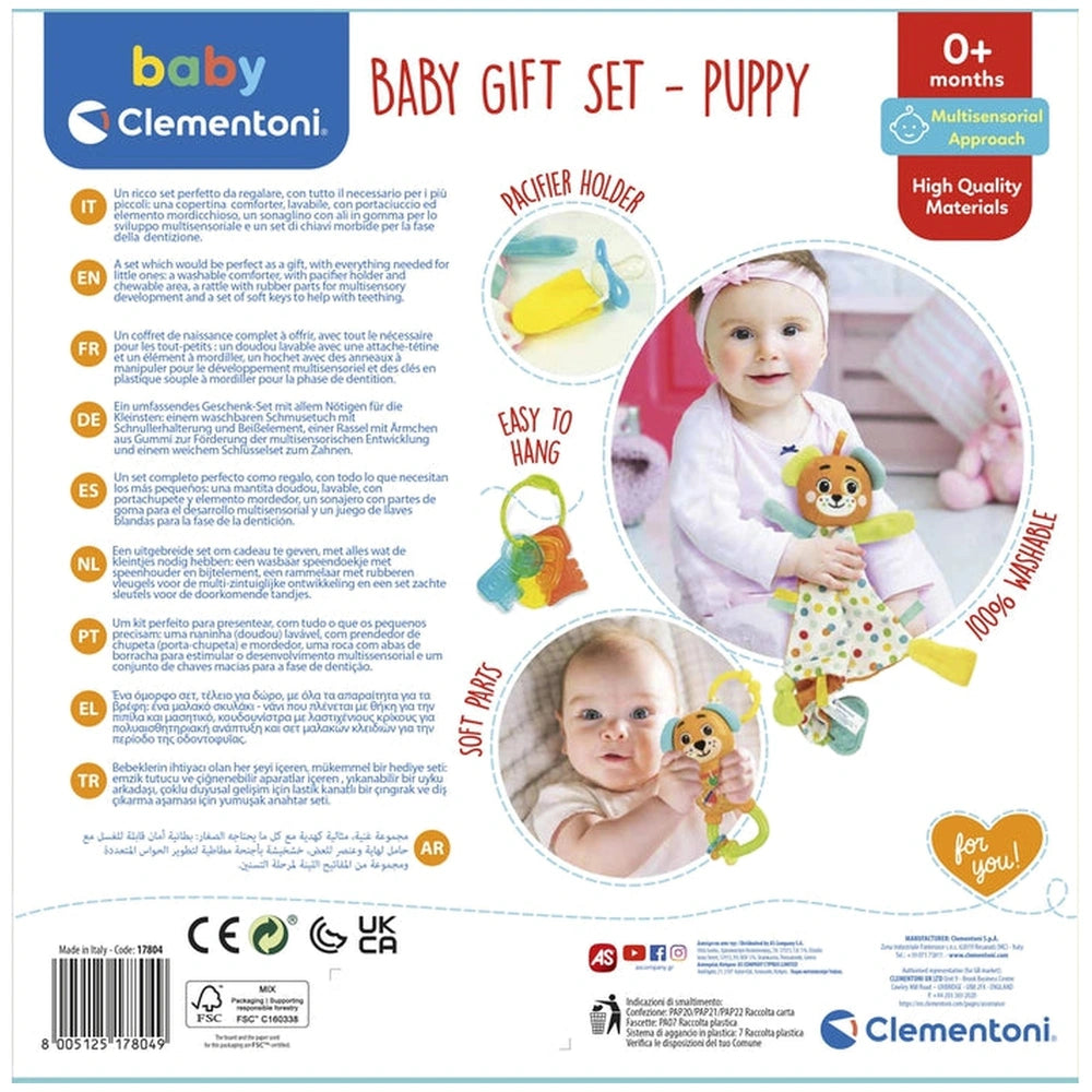 Baby Clementoni Doudou gift set packaging features a glossy finish, clear window, and colorful images of a puppy and baby.