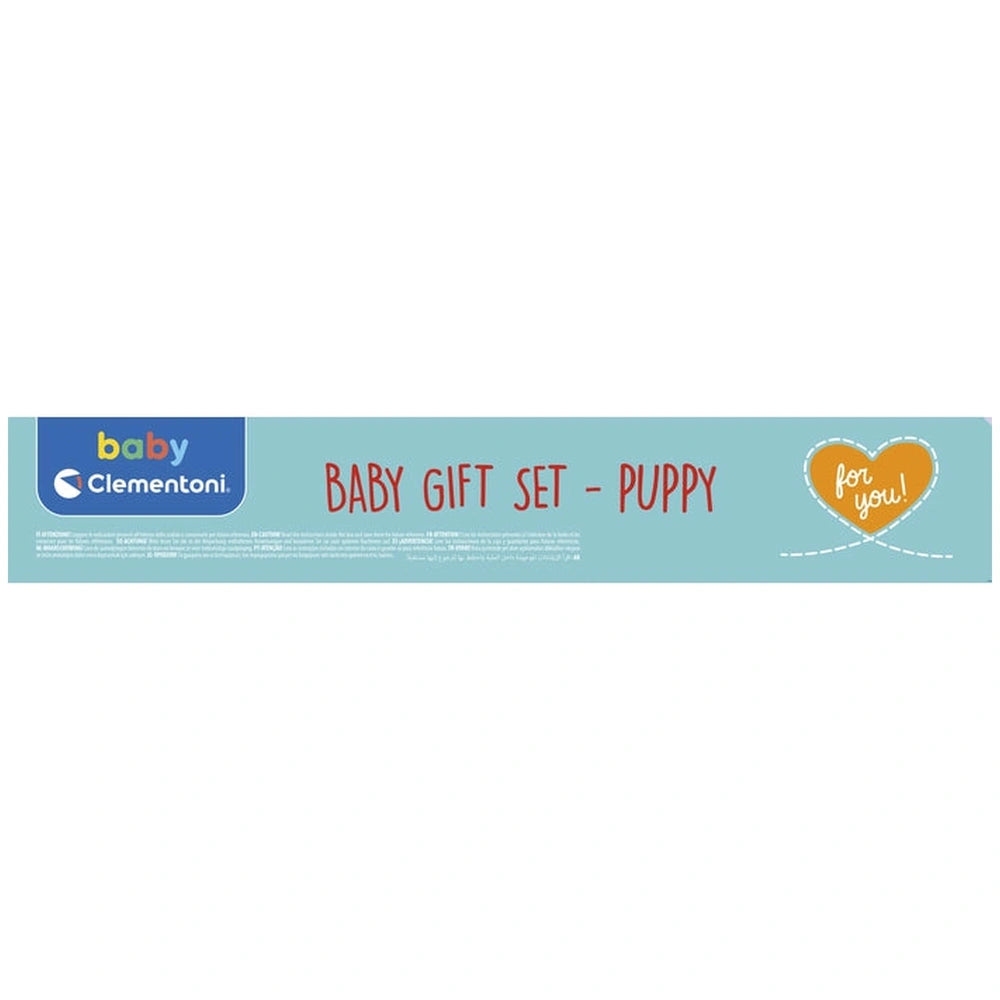 Baby Clementoni Doudou gift set packaging features a puppy graphic, bold text on glossy teal cardboard, and "For you!" messag