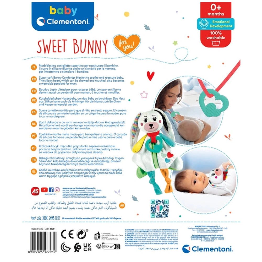 Baby Clementoni Sweet Bunny comforter in colorful packaging featuring a baby, bunny, heart graphics, and a QR code.