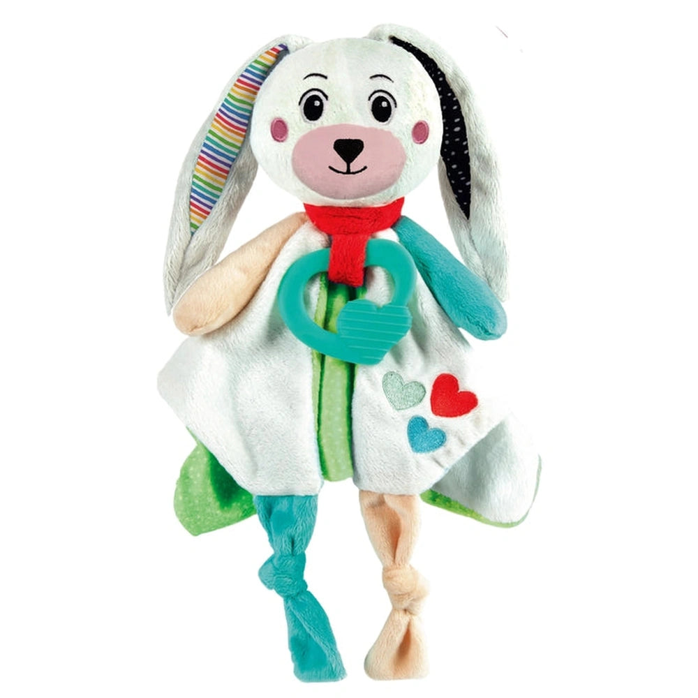 Baby Clementoni Doudou Sweet Bunny Comforter features soft cotton-polyester fabric, textured ears, and a red heart on its che