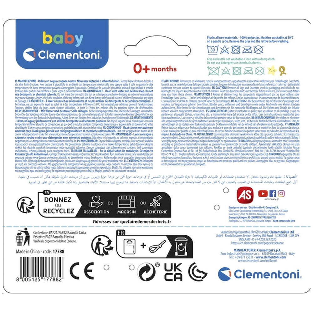 Baby Clementoni Easy-Peasy Soft Bear Stuffed Animal packaging features a glossy design with a clear window, icons, and printe