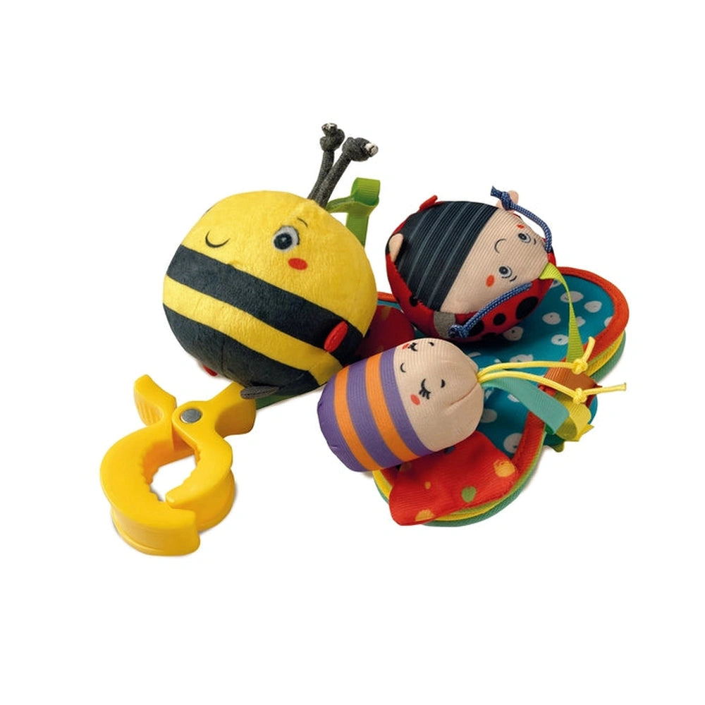 Baby Clementoni Easy-Peasy Travel Mobile features soft fabric toys in bright colors: yellow, red, blue, and green with black 