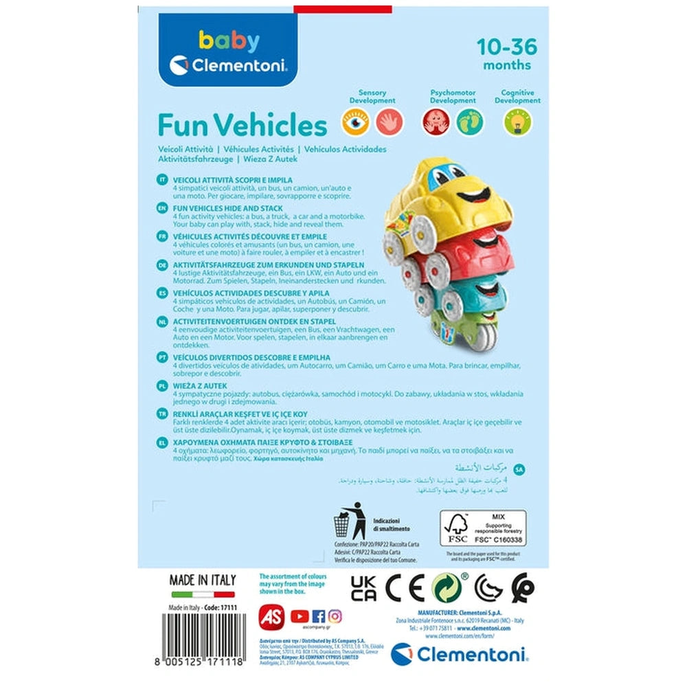 Baby Clementoni sorting and stacking toys packaging features a colorful toy car graphic on a glossy blue and white background