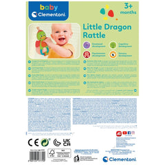 Baby Clementoni's Little Dragon Rattle features a smiling baby holding a colorful toy against a playful light green backgroun