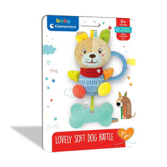 Baby Clementoni Lovely Soft Dog Rattle packaging features a brown and white dog toy, blue bone, and brown cat on a white back