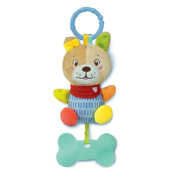 Baby Clementoni Lovely Soft Dog Rattle features a plush dog with a brown body, red bandana, and blue bone-shaped rattle.
