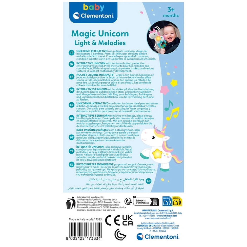 Magic Unicorn Light & Melodies toy packaging featuring a white unicorn, colorful stars, and text on a blue background.