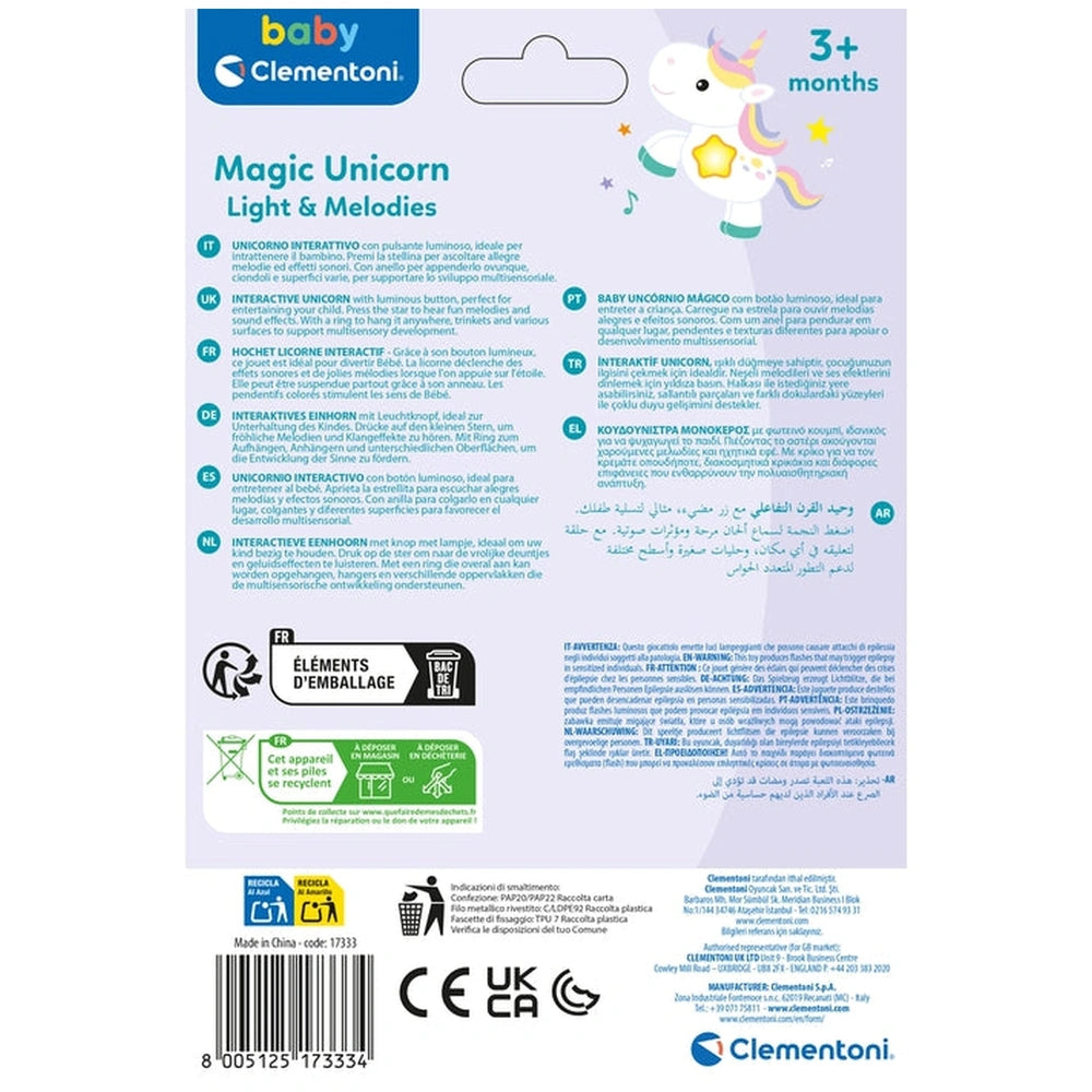 Baby Clementoni Magic Unicorn Light & Melodies packaging features a pastel unicorn illustration, glossy purple background, an